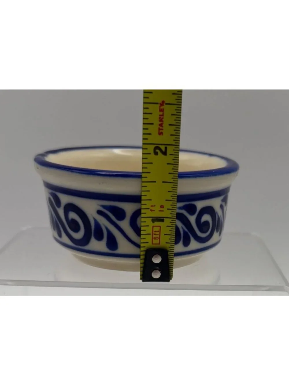 Vintage Mexican Pottery Trinket Dish Blue Floral Small Bowl Hand-Painted